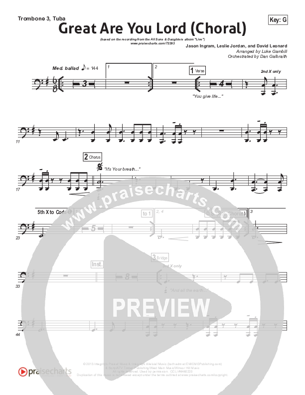 Great Are You Lord (Choral Anthem SATB) Trombone 3/Tuba (All Sons & Daughters / Arr. Luke Gambill)