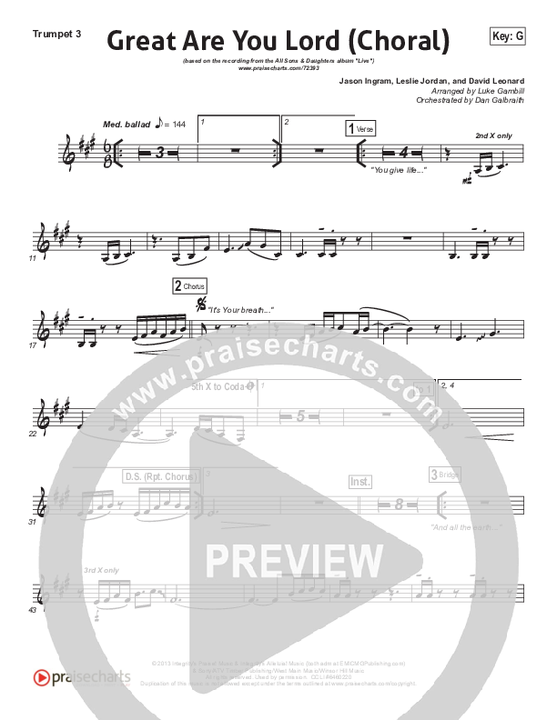 Great Are You Lord (Choral Anthem SATB) Trumpet 3 (All Sons & Daughters / Arr. Luke Gambill)