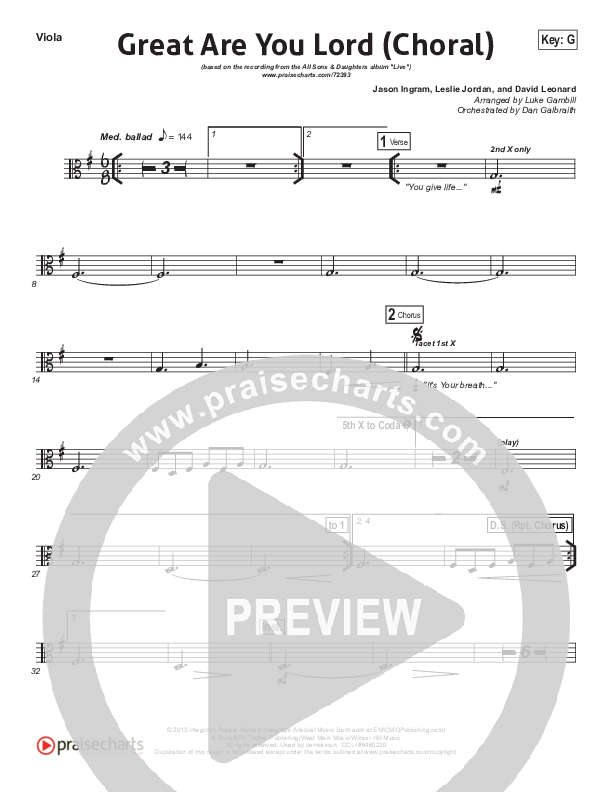Great Are You Lord (Choral Anthem SATB) Viola (All Sons & Daughters / Arr. Luke Gambill)