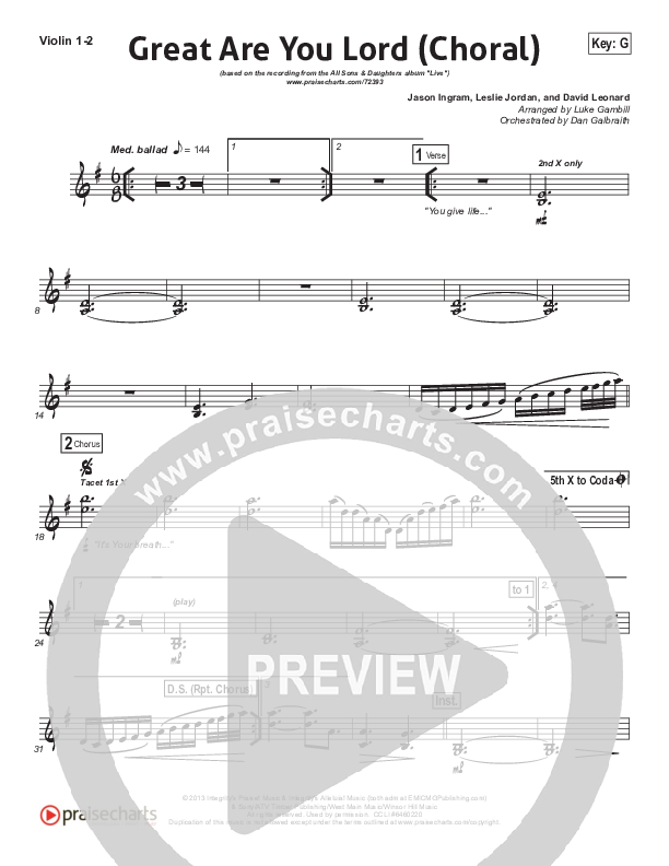 Great Are You Lord (Choral Anthem SATB) Violin 1/2 (All Sons & Daughters / Arr. Luke Gambill)
