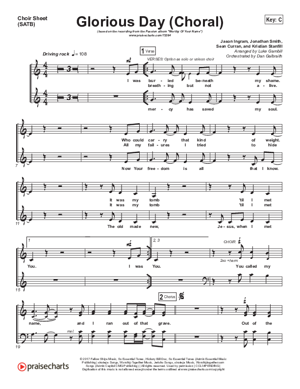 Glorious Day (Choral Anthem SATB) Choir Vocals (SATB) (Kristian Stanfill / Passion / Arr. Luke Gambill)
