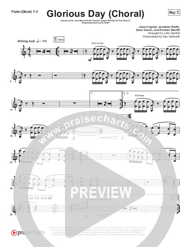 Glorious Day (Choral Anthem SATB) Flute/Oboe 1/2/3 (Kristian Stanfill / Passion / Arr. Luke Gambill)