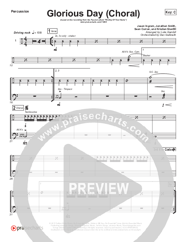 Glorious Day (Choral Anthem SATB) Percussion (Kristian Stanfill / Passion / Arr. Luke Gambill)