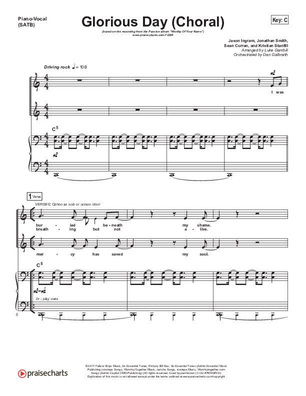 Glorious Day (Choral Anthem SATB) Piano/Vocal (SATB) (Kristian Stanfill / Passion / Arr. Luke Gambill)
