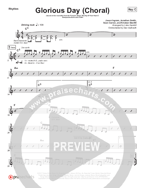 Glorious Day (Choral Anthem SATB) Rhythm Chart (Kristian Stanfill / Passion / Arr. Luke Gambill)