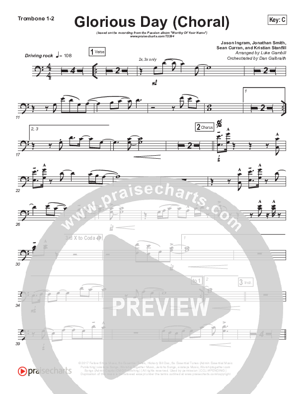 Glorious Day (Choral Anthem SATB) Trombone 1/2 (Kristian Stanfill / Passion / Arr. Luke Gambill)