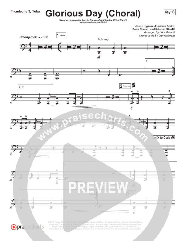 Glorious Day (Choral Anthem SATB) Trombone 3/Tuba (Kristian Stanfill / Passion / Arr. Luke Gambill)