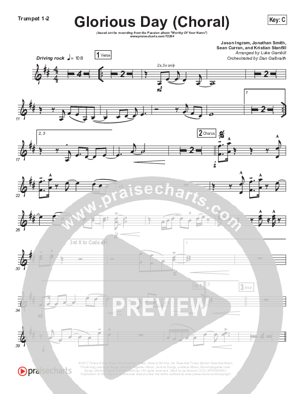 Glorious Day (Choral Anthem SATB) Trumpet 1,2 (Kristian Stanfill / Passion / Arr. Luke Gambill)