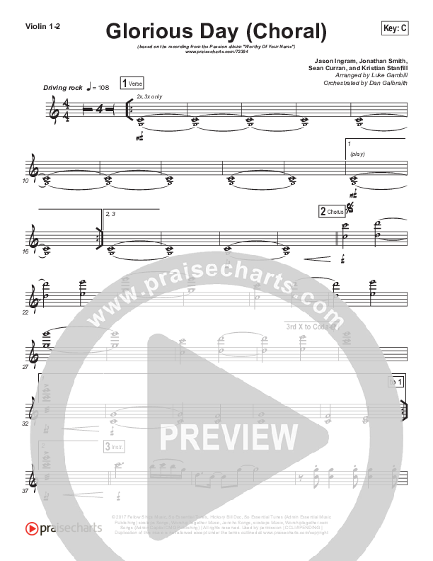 Glorious Day (Choral Anthem SATB) Violin 1/2 (Kristian Stanfill / Passion / Arr. Luke Gambill)