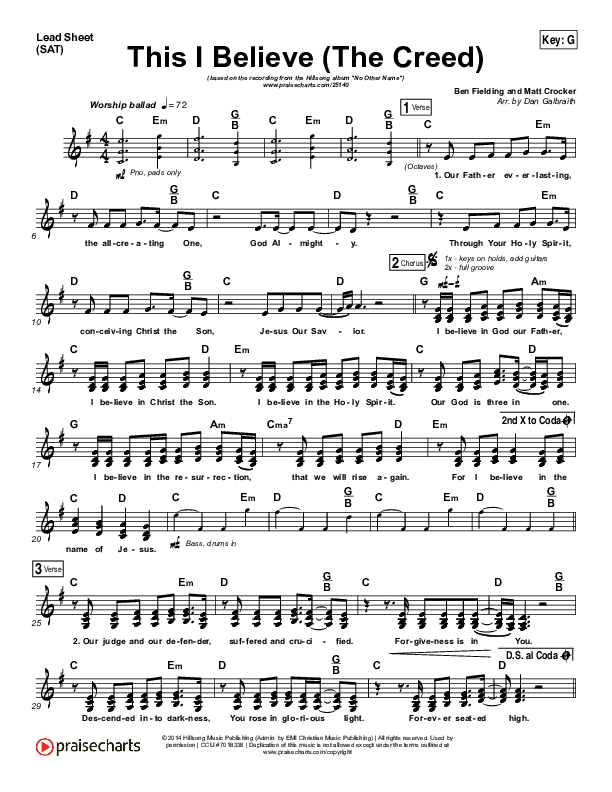 This I Believe (The Creed) (Choral Anthem SATB) Lead Sheet (SAT) (Hillsong Worship / Arr. Luke Gambill)