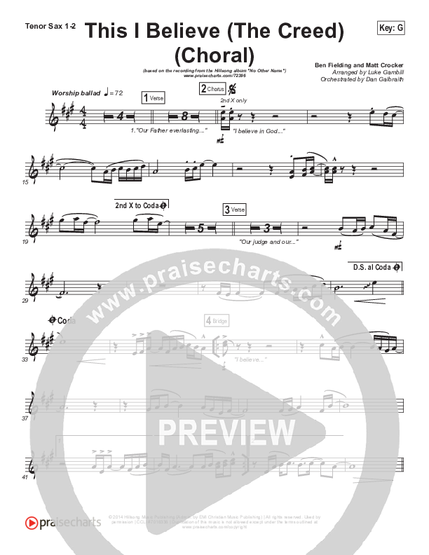 This I Believe (The Creed) (Choral Anthem SATB) Tenor Sax 1/2 (Hillsong Worship / Arr. Luke Gambill)