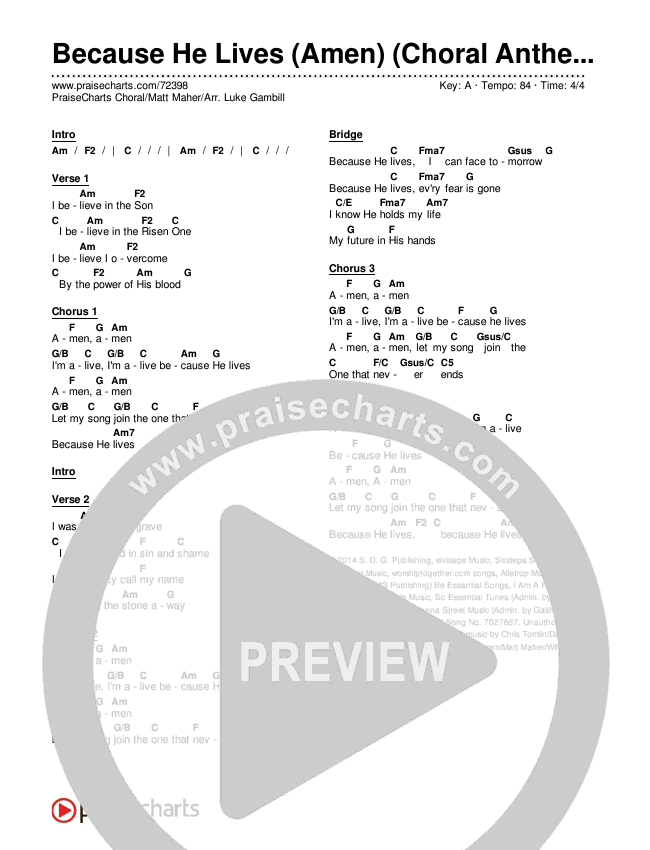 Because He Lives (Amen) (Choral Anthem SATB) Chords & Lyrics (Matt Maher / Arr. Luke Gambill / Orch. Joel Mott)