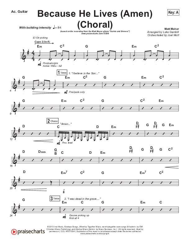 Because He Lives (Amen) (Choral Anthem SATB) Acoustic Guitar (Matt Maher / Arr. Luke Gambill / Orch. Joel Mott)