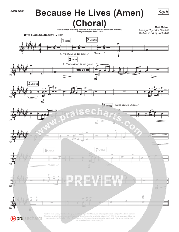 Because He Lives (Amen) (Choral Anthem SATB) Alto Sax (Matt Maher / Arr. Luke Gambill / Orch. Joel Mott)