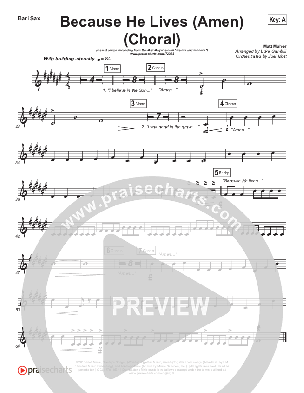 Because He Lives (Amen) (Choral Anthem SATB) Bari Sax (Matt Maher / Arr. Luke Gambill / Orch. Joel Mott)