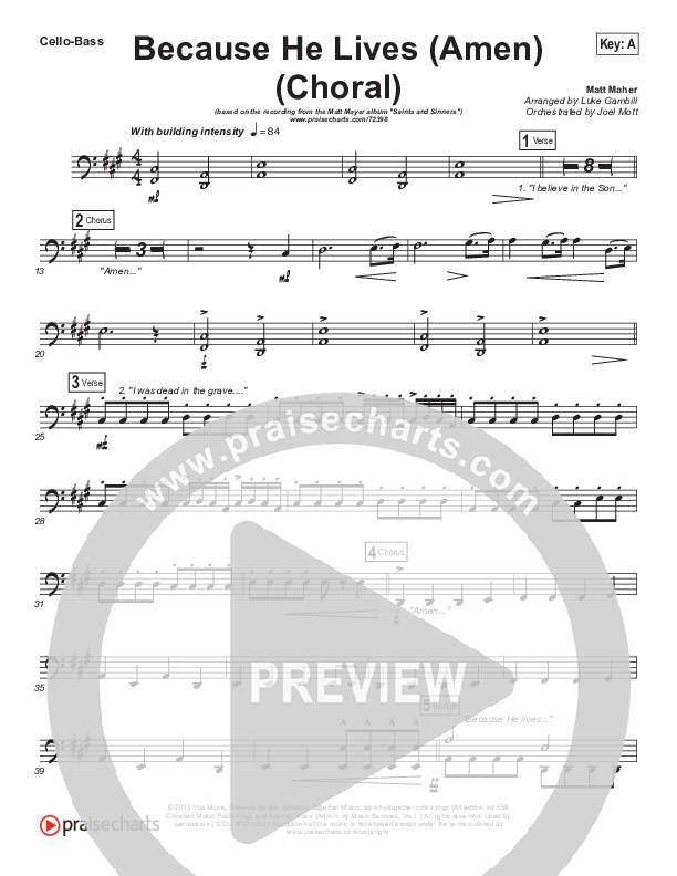 Because He Lives (Amen) (Choral Anthem SATB) Cello/Bass (Matt Maher / Arr. Luke Gambill / Orch. Joel Mott)