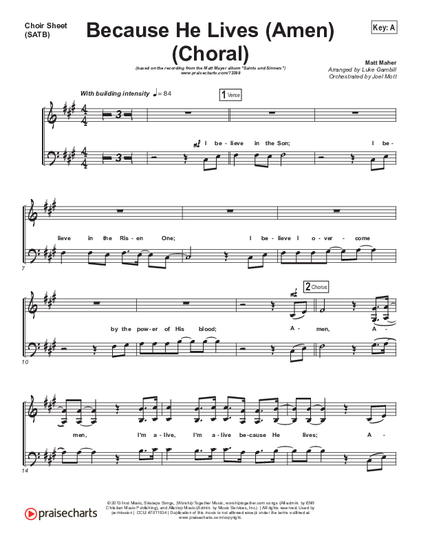 Because He Lives (Amen) (Choral Anthem SATB) Choir Sheet (SATB) (Matt Maher / Arr. Luke Gambill / Orch. Joel Mott)