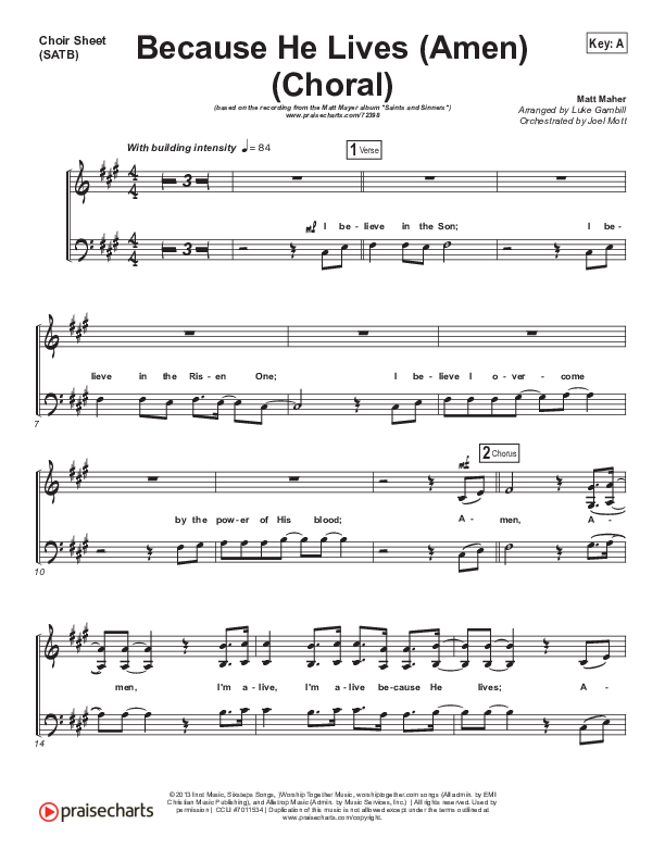 Because He Lives (Amen) (Choral Anthem SATB) Choir Sheet (SATB) (Matt Maher / Arr. Luke Gambill / Orch. Joel Mott)