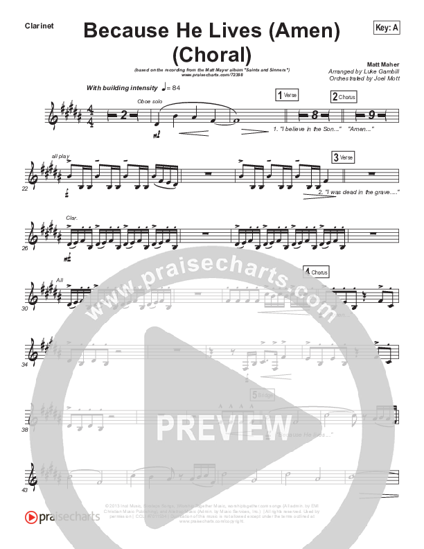 Because He Lives (Amen) (Choral Anthem SATB) Wind Pack (Matt Maher / Arr. Luke Gambill / Orch. Joel Mott)