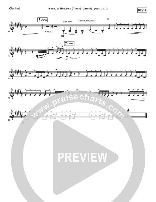Because He Lives (Amen) (Choral Anthem SATB) Clarinet (Matt Maher / Arr. Luke Gambill / Orch. Joel Mott)