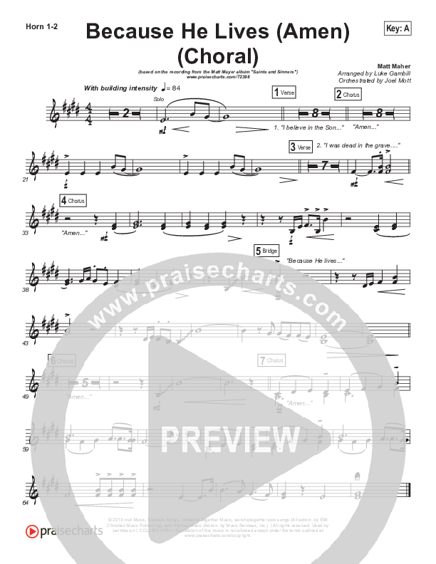 Because He Lives (Amen) (Choral Anthem SATB) French Horn 1/2 (Matt Maher / Arr. Luke Gambill / Orch. Joel Mott)