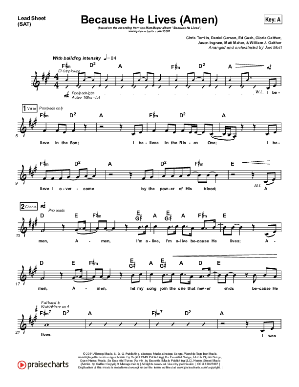 Because He Lives (Amen) (Choral Anthem SATB) Lead Sheet (SAT) (Matt Maher / Arr. Luke Gambill / Orch. Joel Mott)
