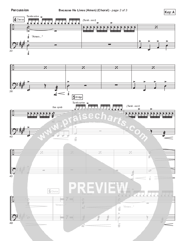Because He Lives (Amen) (Choral Anthem SATB) Percussion (Matt Maher / Arr. Luke Gambill / Orch. Joel Mott)