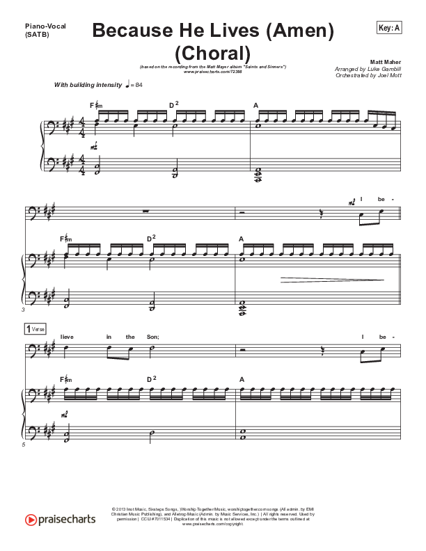 Because He Lives (Amen) (Choral Anthem SATB) Piano/Vocal Pack (Matt Maher / Arr. Luke Gambill / Orch. Joel Mott)