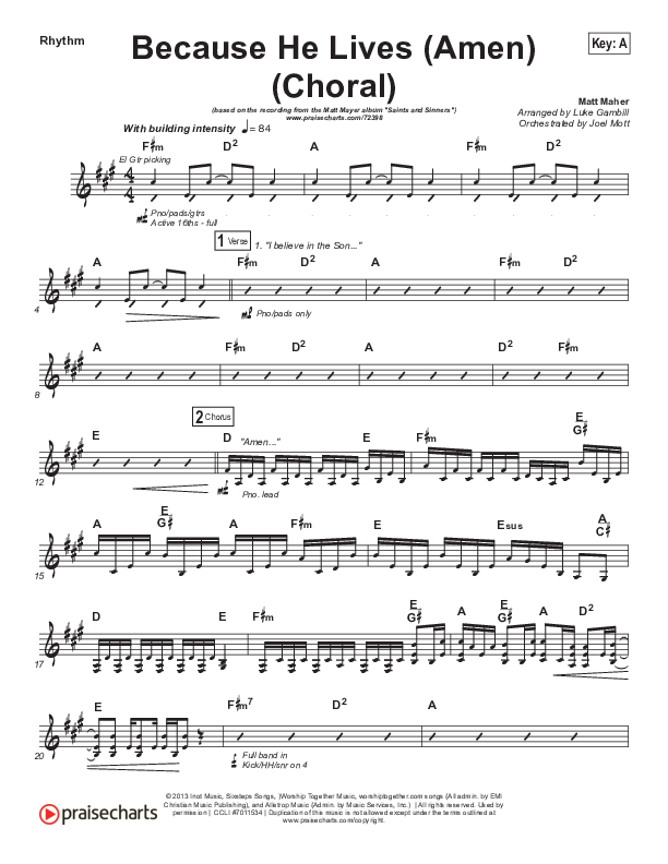 Because He Lives (Amen) (Choral Anthem SATB) Rhythm Chart (Matt Maher / Arr. Luke Gambill / Orch. Joel Mott)