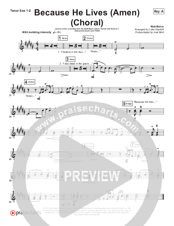 Because He Lives (Amen) (Choral Anthem SATB) Tenor Sax 1/2 (Matt Maher / Arr. Luke Gambill / Orch. Joel Mott)