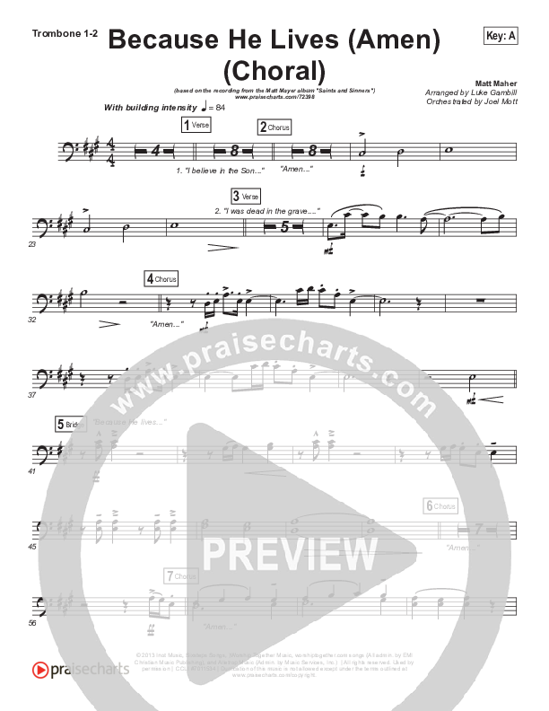 Because He Lives (Amen) (Choral Anthem SATB) Trombone 1/2 (Matt Maher / Arr. Luke Gambill / Orch. Joel Mott)