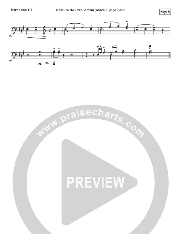 Because He Lives (Amen) (Choral Anthem SATB) Trombone 1/2 (Matt Maher / Arr. Luke Gambill / Orch. Joel Mott)