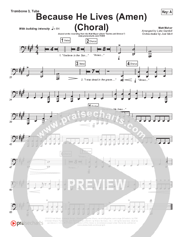 Because He Lives (Amen) (Choral Anthem SATB) Trombone 3/Tuba (Matt Maher / Arr. Luke Gambill / Orch. Joel Mott)