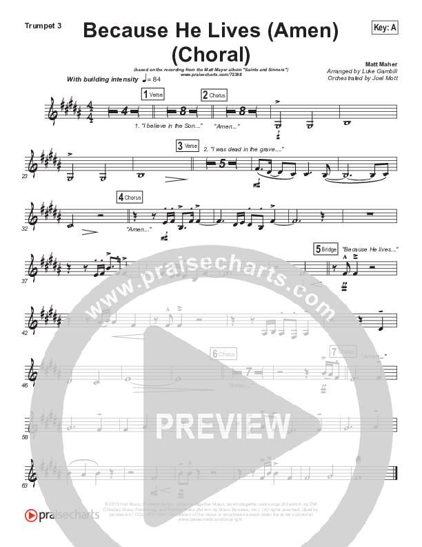 Because He Lives (Amen) (Choral Anthem SATB) Trumpet 3 (Matt Maher / Arr. Luke Gambill / Orch. Joel Mott)