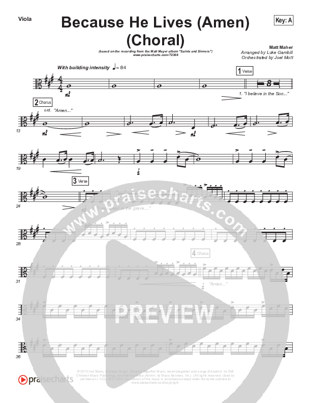Because He Lives (Amen) (Choral Anthem SATB) Viola (Matt Maher / Arr. Luke Gambill / Orch. Joel Mott)