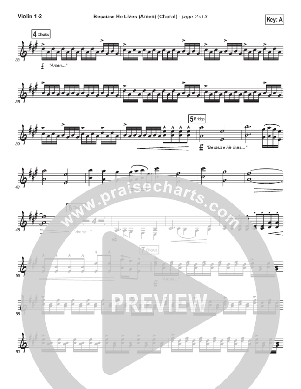 Because He Lives (Amen) (Choral Anthem SATB) Violin 1/2 (Matt Maher / Arr. Luke Gambill / Orch. Joel Mott)