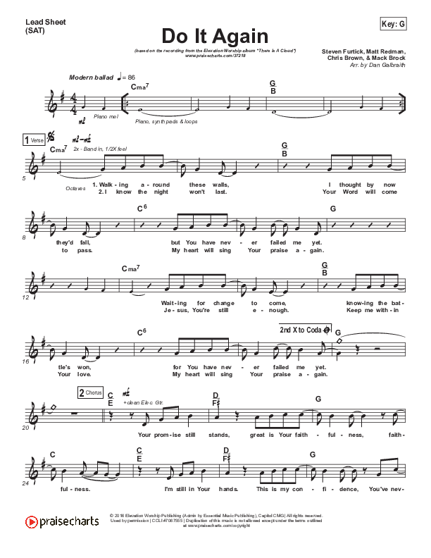 Do It Again (Choral Anthem SATB) Lead Sheet (SAT) (Elevation Worship / Arr. Luke Gambill)