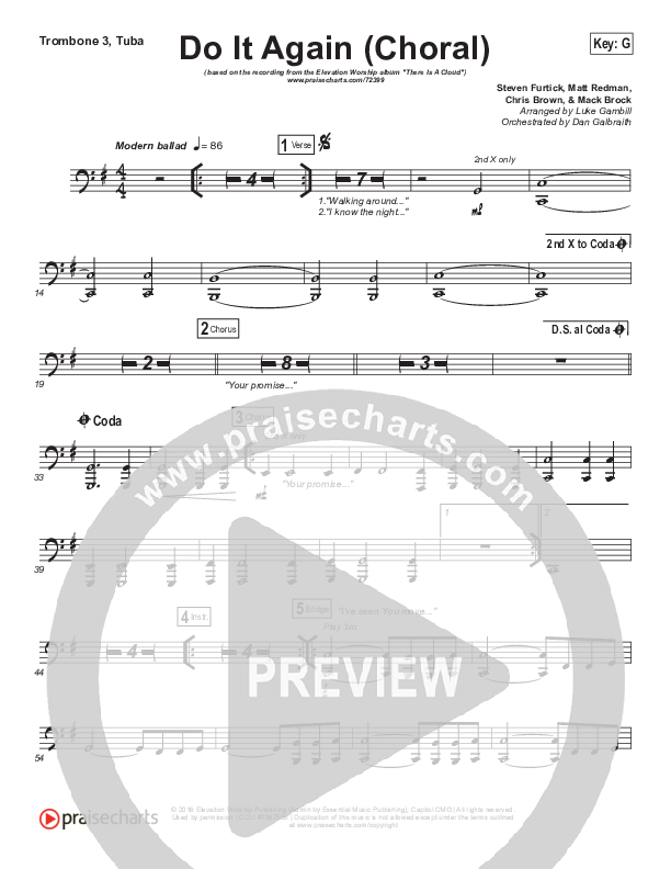 Do It Again (Choral Anthem SATB) Trombone 3/Tuba (Elevation Worship / Arr. Luke Gambill)