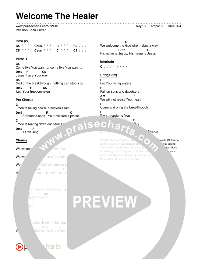 Welcome The Healer Chords & Lyrics (Passion / Sean Curran)