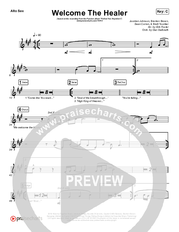 Welcome The Healer Alto Sax (Passion / Sean Curran)