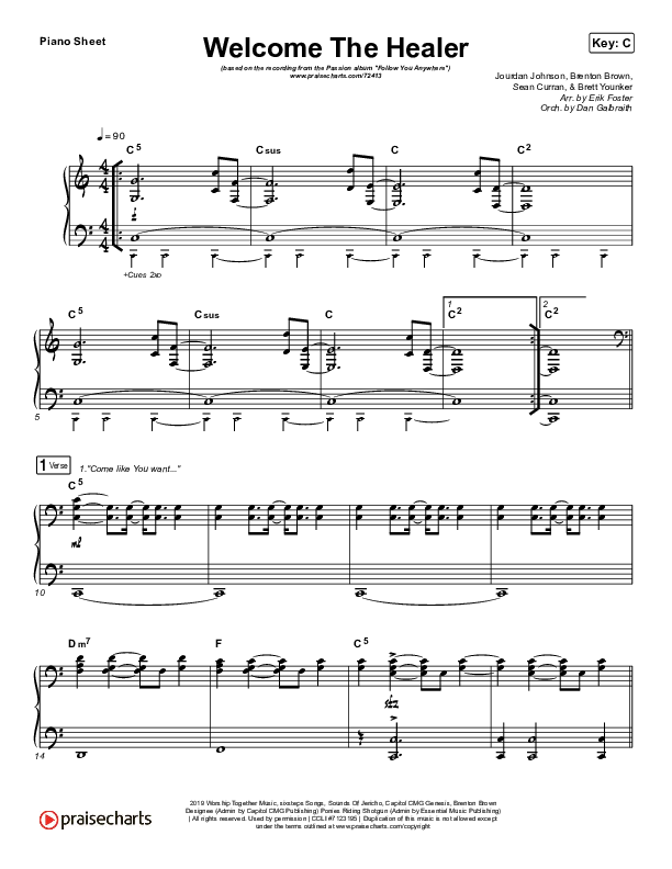 Welcome The Healer Piano Sheet (Passion / Sean Curran)
