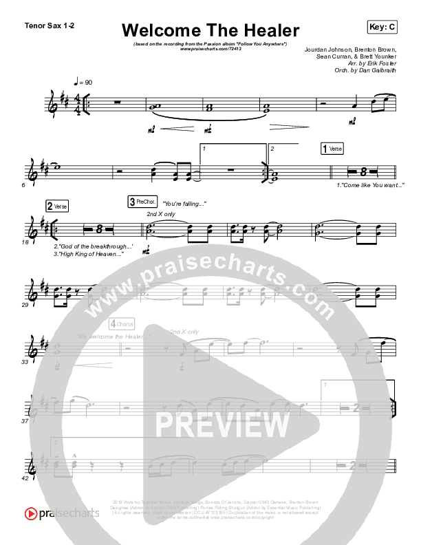 Welcome The Healer Tenor Sax 1/2 (Passion / Sean Curran)