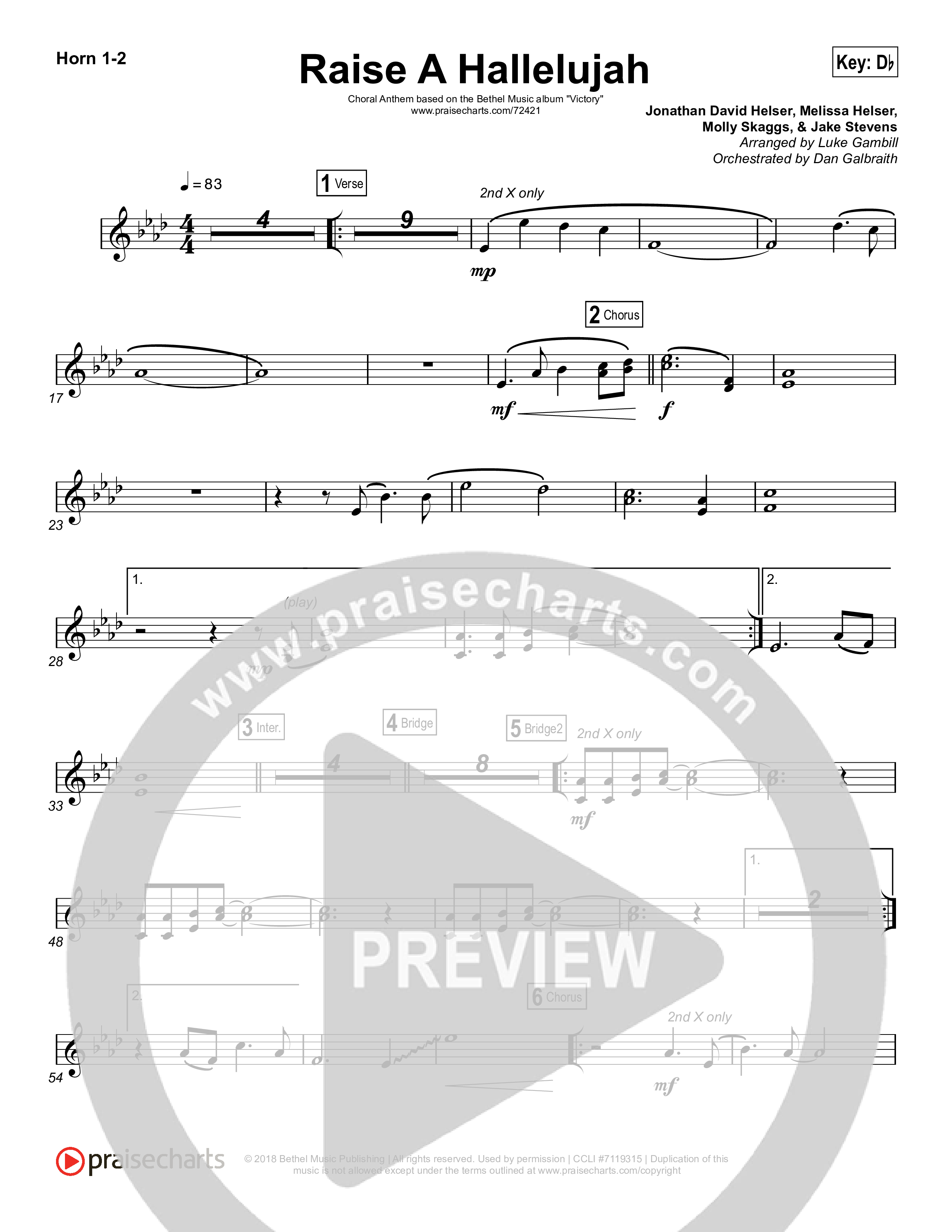 Raise A Hallelujah (Choral Anthem SATB) French Horn 1,2 (Bethel Music / Arr. Luke Gambill)