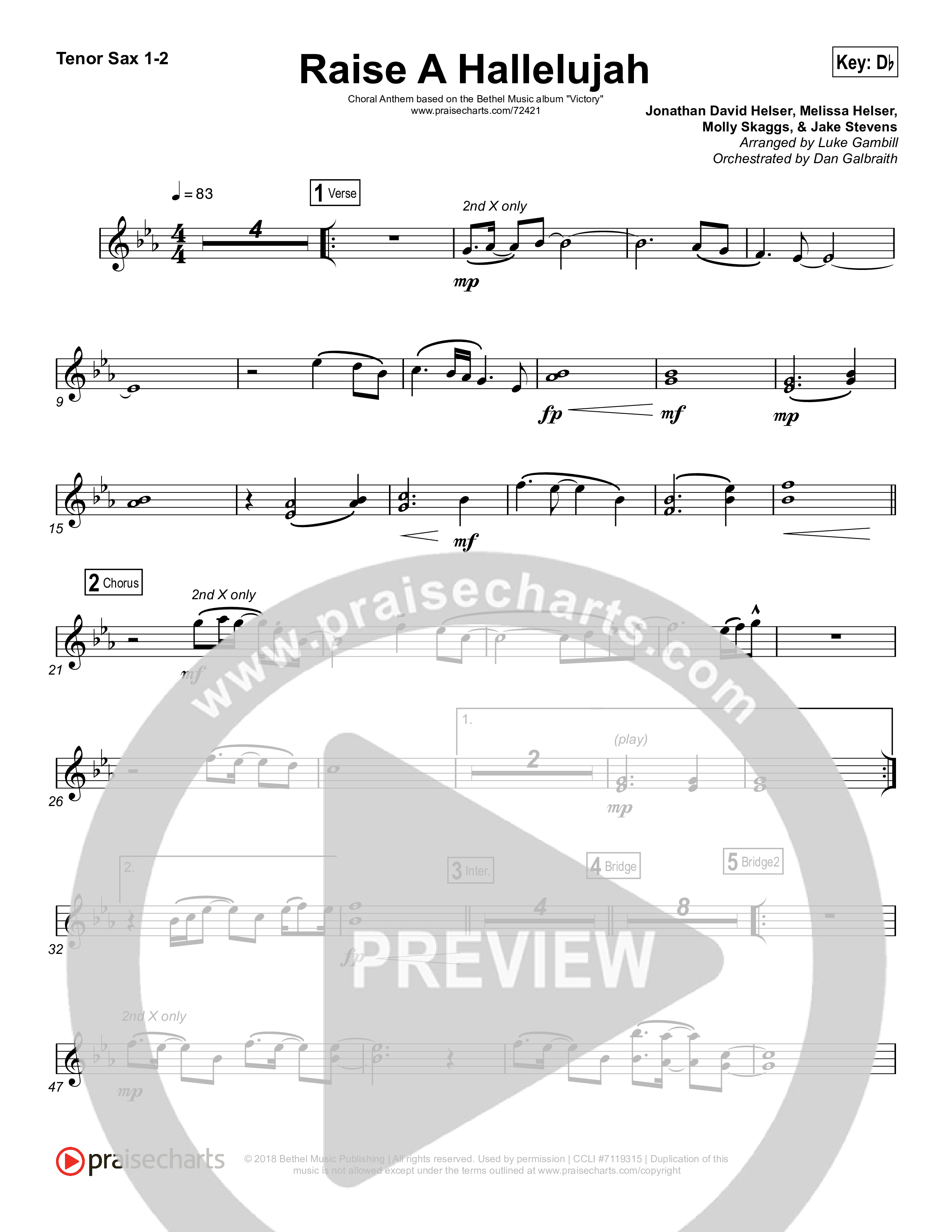 Raise A Hallelujah (Choral Anthem SATB) Tenor Sax 1,2 (Bethel Music / Arr. Luke Gambill)