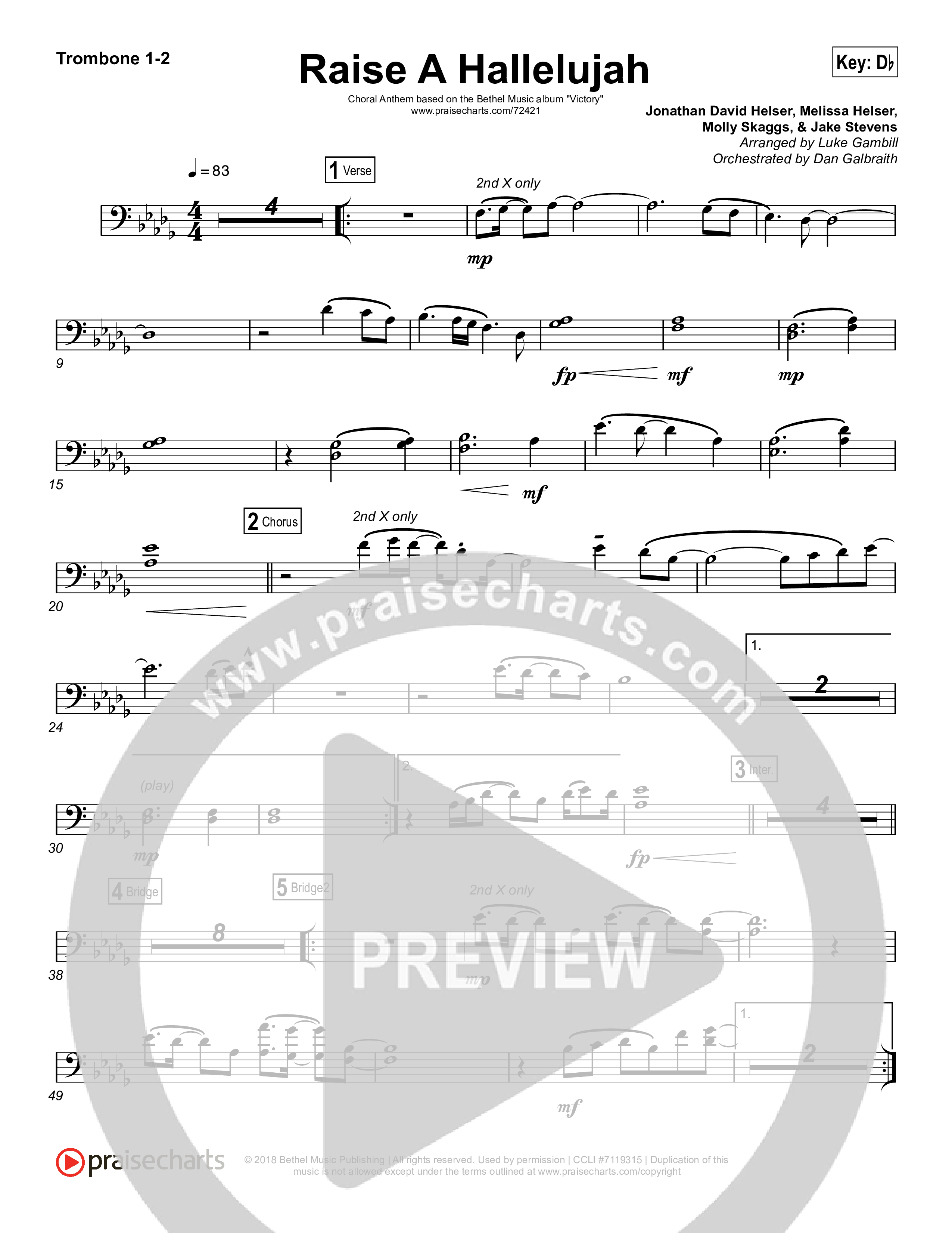 Raise A Hallelujah (Choral Anthem SATB) Trombone 1,2 (Bethel Music / Arr. Luke Gambill)