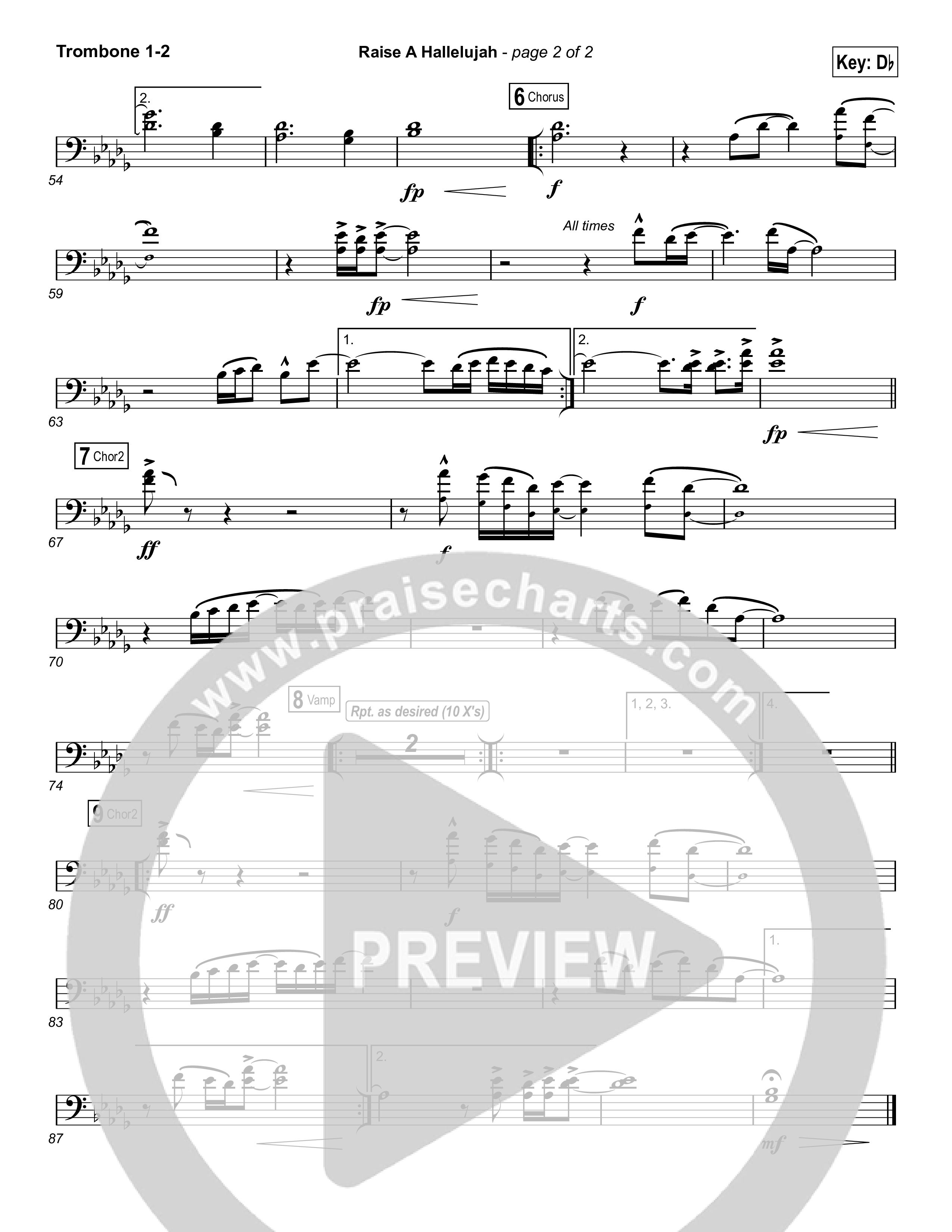 Raise A Hallelujah (Choral Anthem SATB) Trombone 1,2 (Bethel Music / Arr. Luke Gambill)