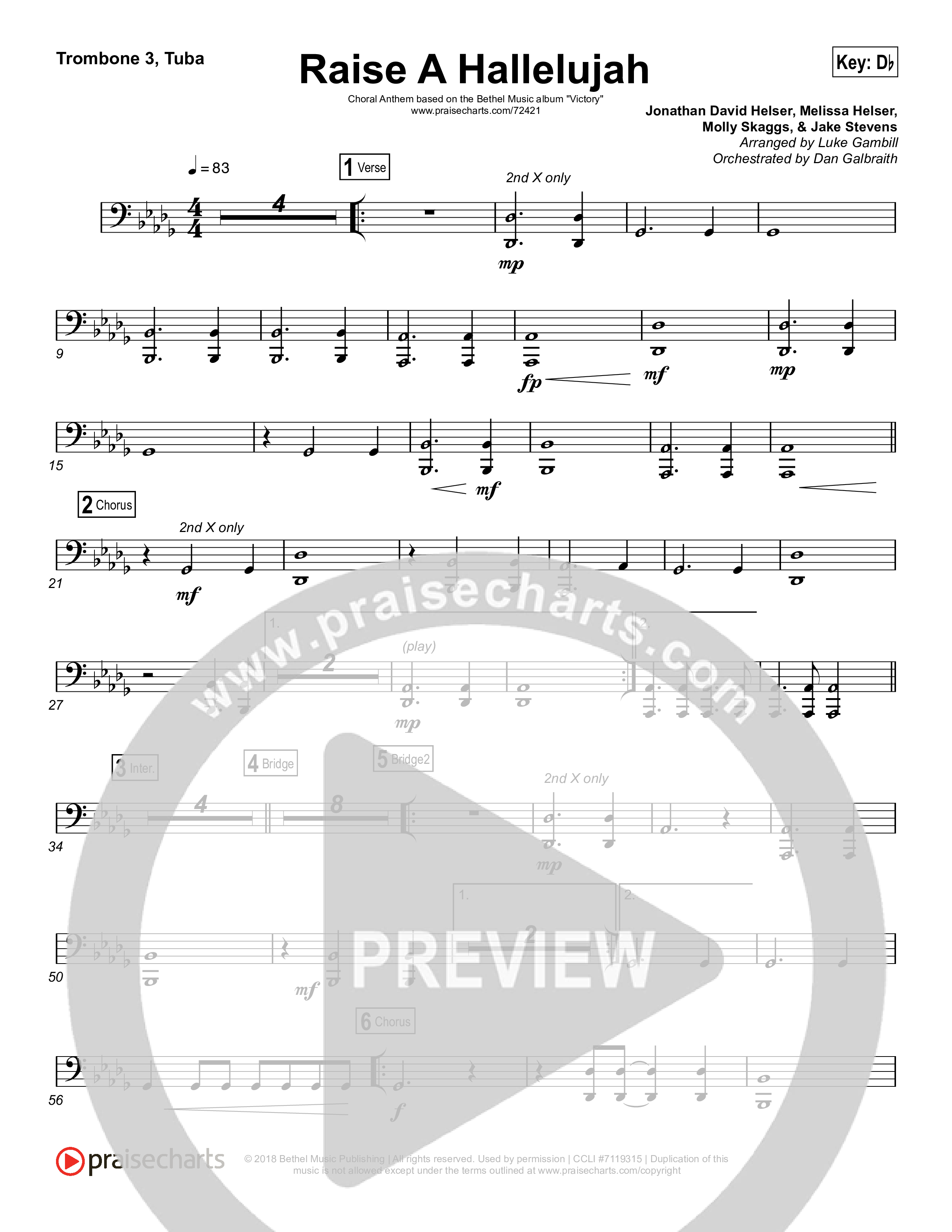 Raise A Hallelujah (Choral Anthem SATB) Trombone 1,2 (Bethel Music / Arr. Luke Gambill)