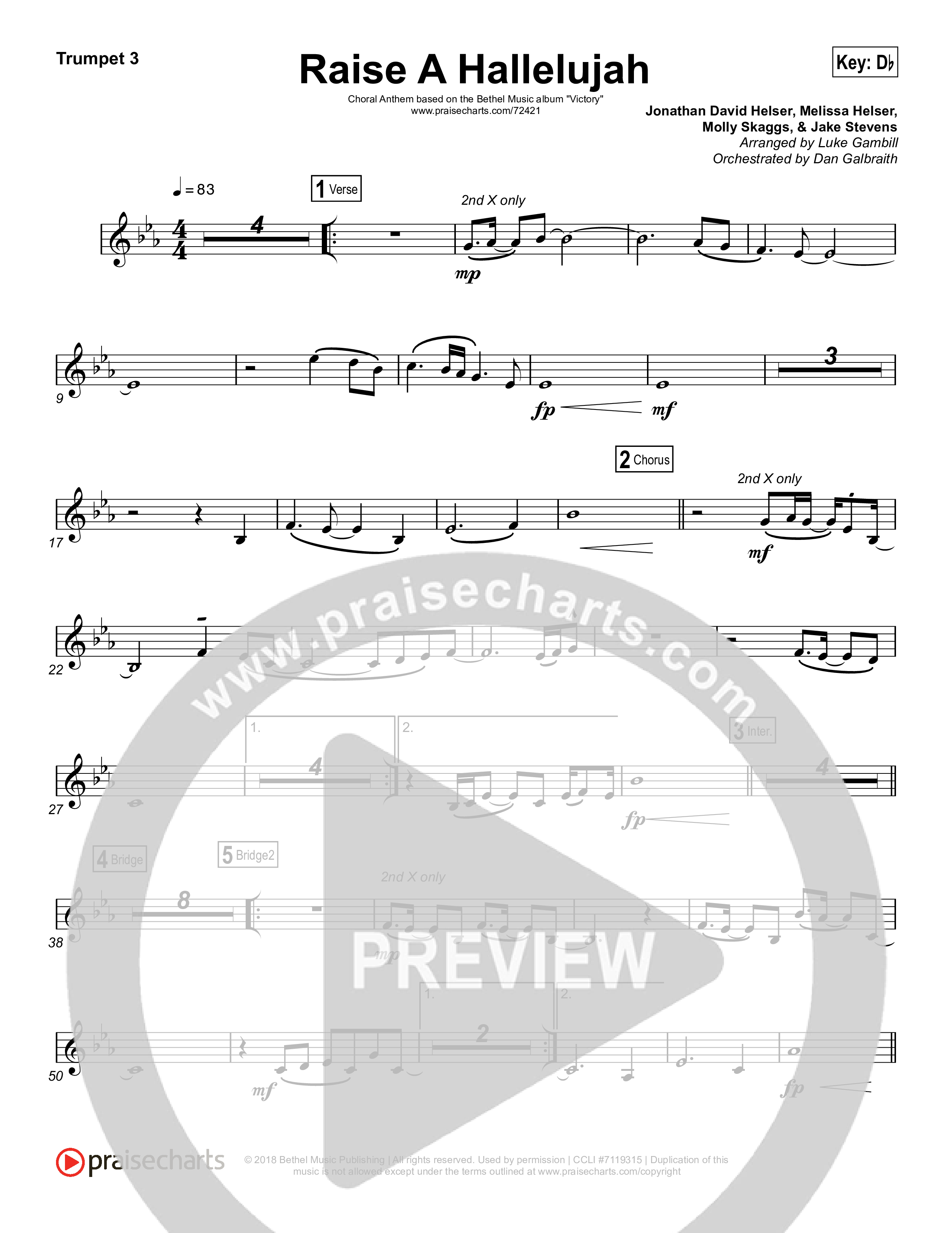 Raise A Hallelujah (Choral Anthem SATB) Trumpet 3 (Bethel Music / Arr. Luke Gambill)