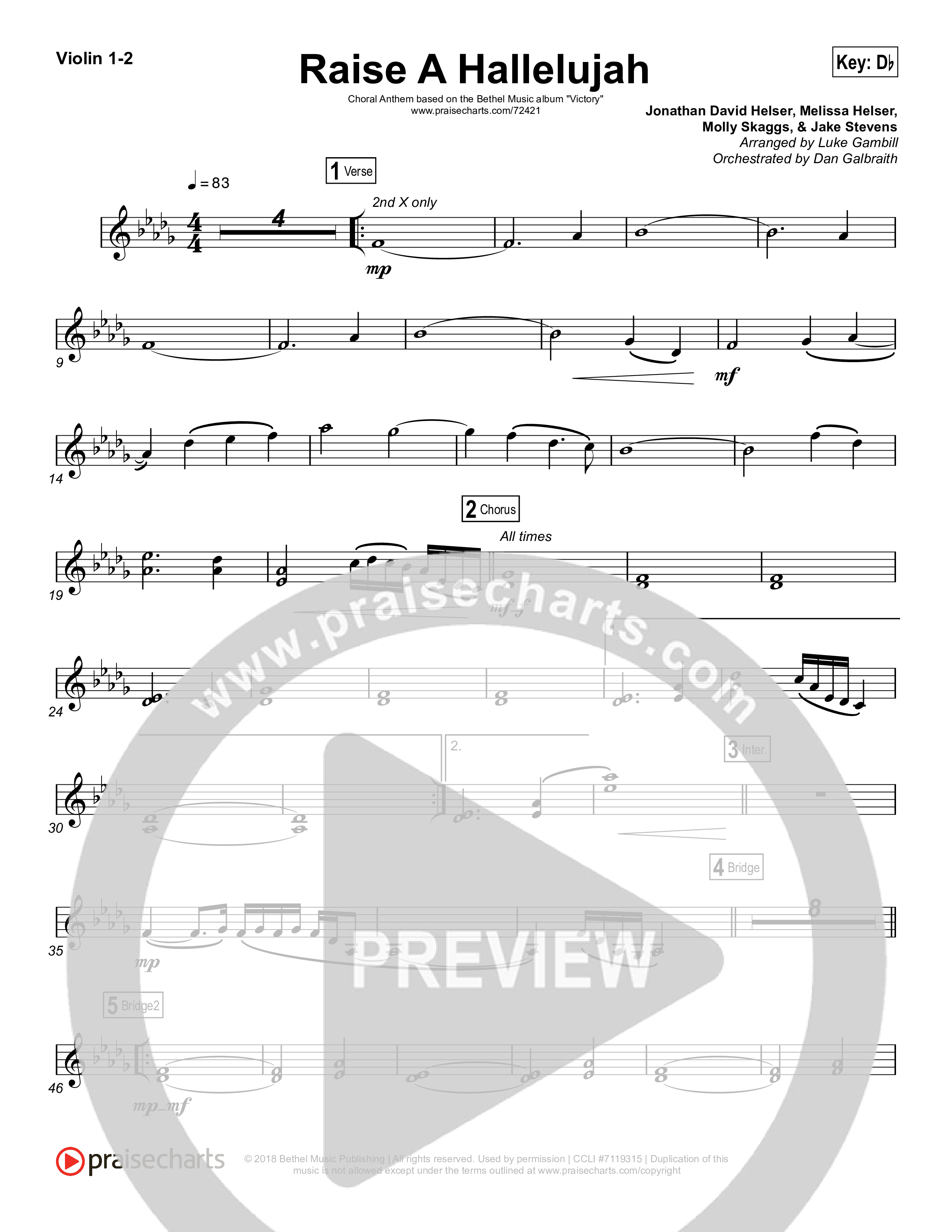Raise A Hallelujah (Choral Anthem SATB) Violin 1,2 (Bethel Music / Arr. Luke Gambill)