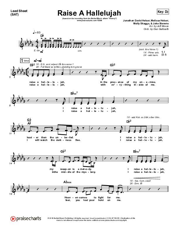 Raise A Hallelujah (Choral Anthem SATB) Lead Sheet (SAT) (Bethel Music / Arr. Luke Gambill)
